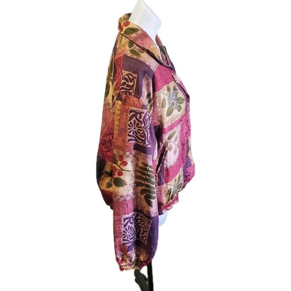 Vintage Stunt Sports 100% Silk Patchwork Jacket Small Boho 90 Bomber Flora Fruit - Picture 7 of 12